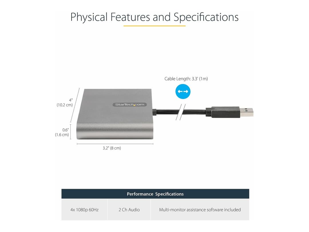 StarTech.com USB 3.0 to 4 HDMI Adapter, External Video & Graphics Card, USB Type-A to Quad HDMI Monitor Display Adapter Dongle, 1080p 60Hz, USB 3.0 to HDMI Adapter/Video Converter, Windows - Multi Monitor Adapter - adapter cable - HDMI / USB - 1 m - Image 1