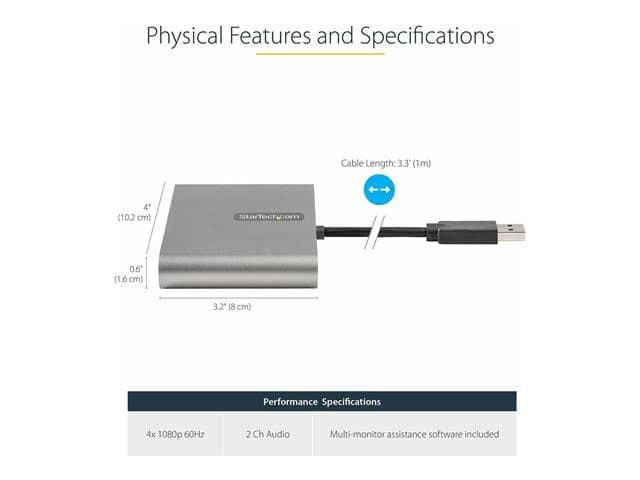 StarTech.com USB 3.0 to 4 HDMI Adapter, External Video & Graphics Card, USB Type-A to Quad HDMI Monitor Display Adapter Dongle, 1080p 60Hz, USB 3.0 to HDMI Adapter/Video Converter, Windows - Multi Monitor Adapter - adapter cable - HDMI / USB - 1 m - Image 4