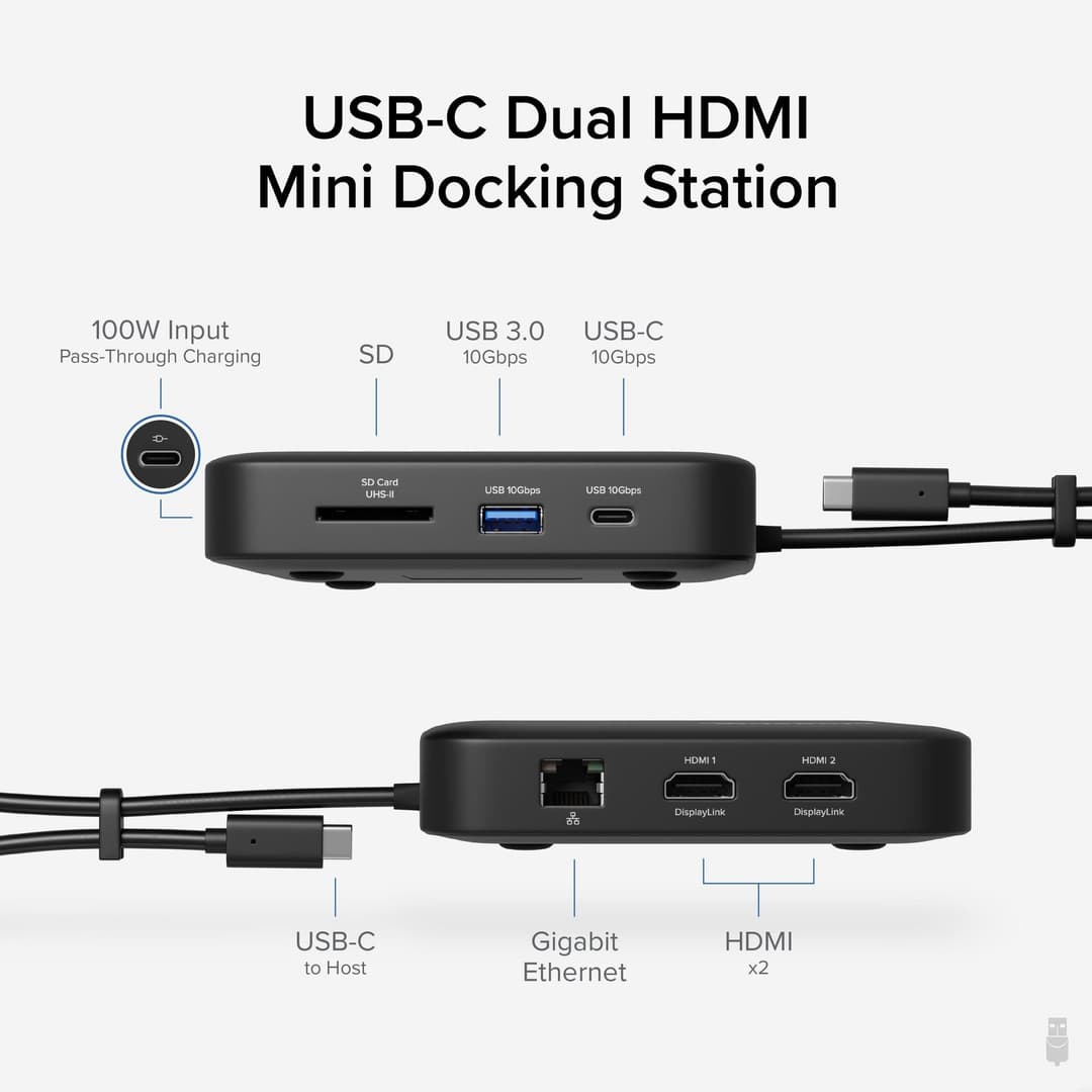 Plugable Technologies 7-in-1 USB C Docking Station Dual Monitor - Dual HDMI Dock is Compatible with Mac and Windows, USB4, Thunderbolt or USB-C, 100W PD, 2x HDMI, 1x USB-C, 1Gbps Ethernet, 1x USB 3.0, 1x SD Card - Image 2