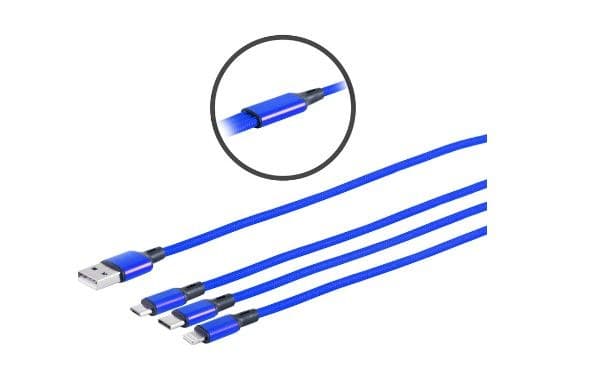 MicroConnect USB-A 3-in-1 Splitter Cable to USB-C, Micro-USB and Lightning 1.2m - Blue (MC-USBA-3WAY)
