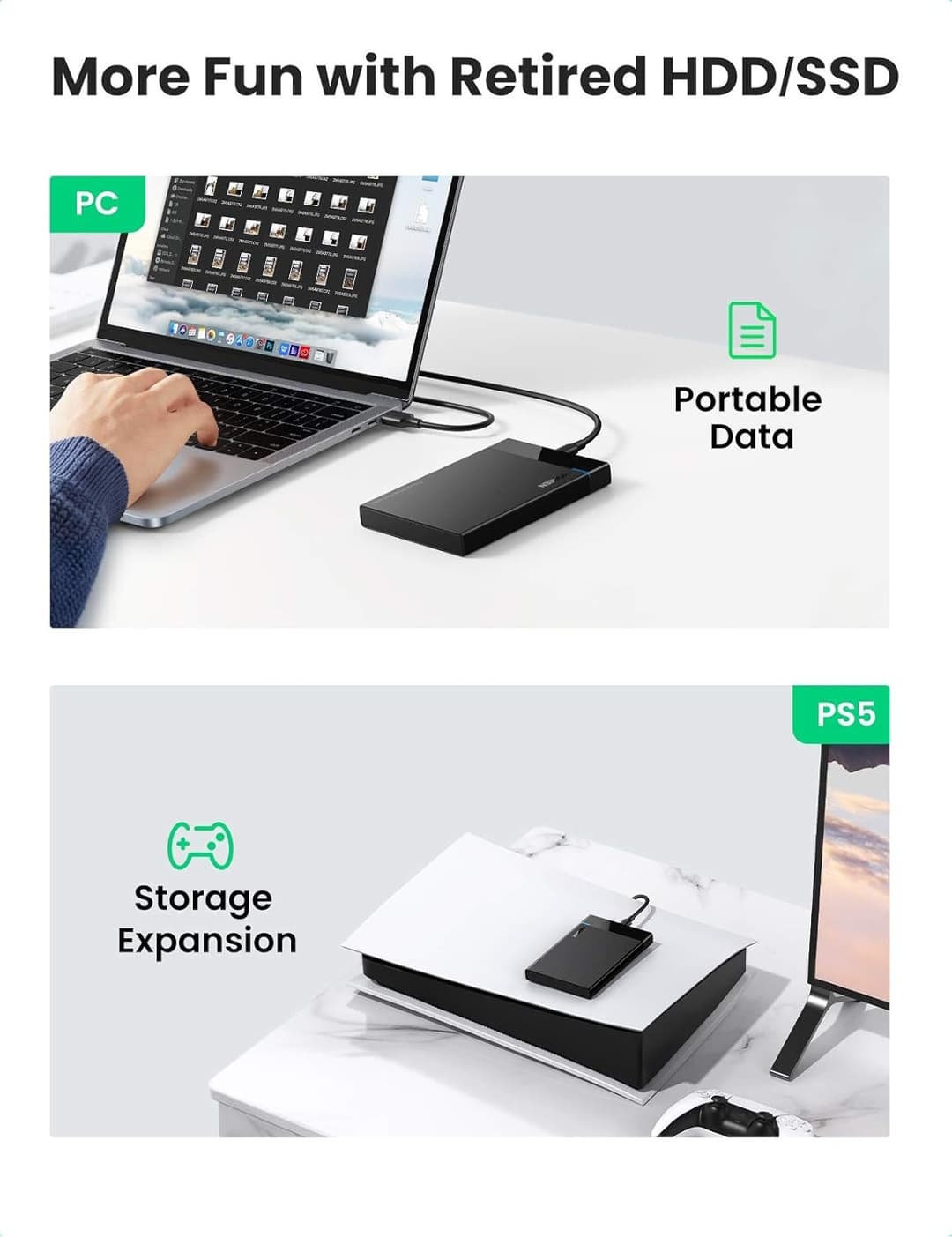 UGREEN 2.5 inch SATA Hard Drive Enclosure - USB-C, Tool-Free HDD/SSD Caddy, with USB-A to USB-C Cable - Image 6