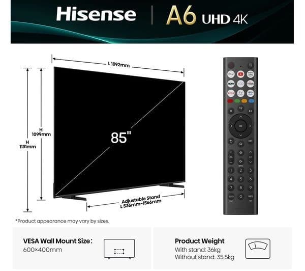 Hisense A6Q 4K UHD HDR Smart LED TV with Freely - 85-inch (85A6QTUK) - Image 2