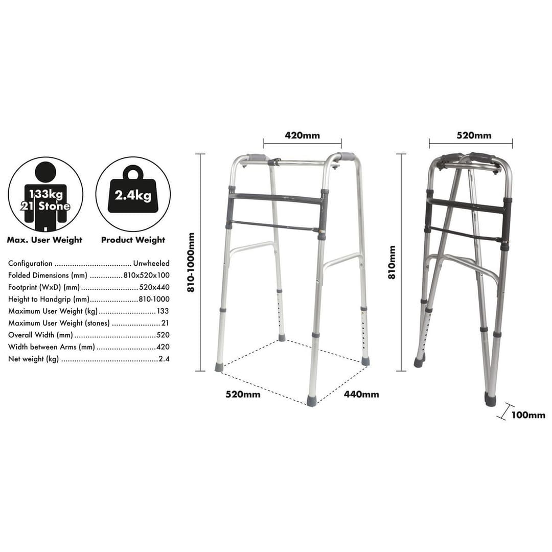 Aidapt VP129F Lightweight Aluminium Folding Walking Frame - Unwheeled - Image 7