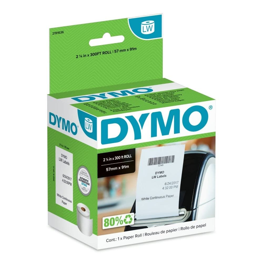 Dymo 2191636 LabelWriter Continuous Paper Roll - 57mm x 91m White Non-Adhesive Thermal Paper, 1 Roll, for LabelWriter 550/550 Turbo/5XL