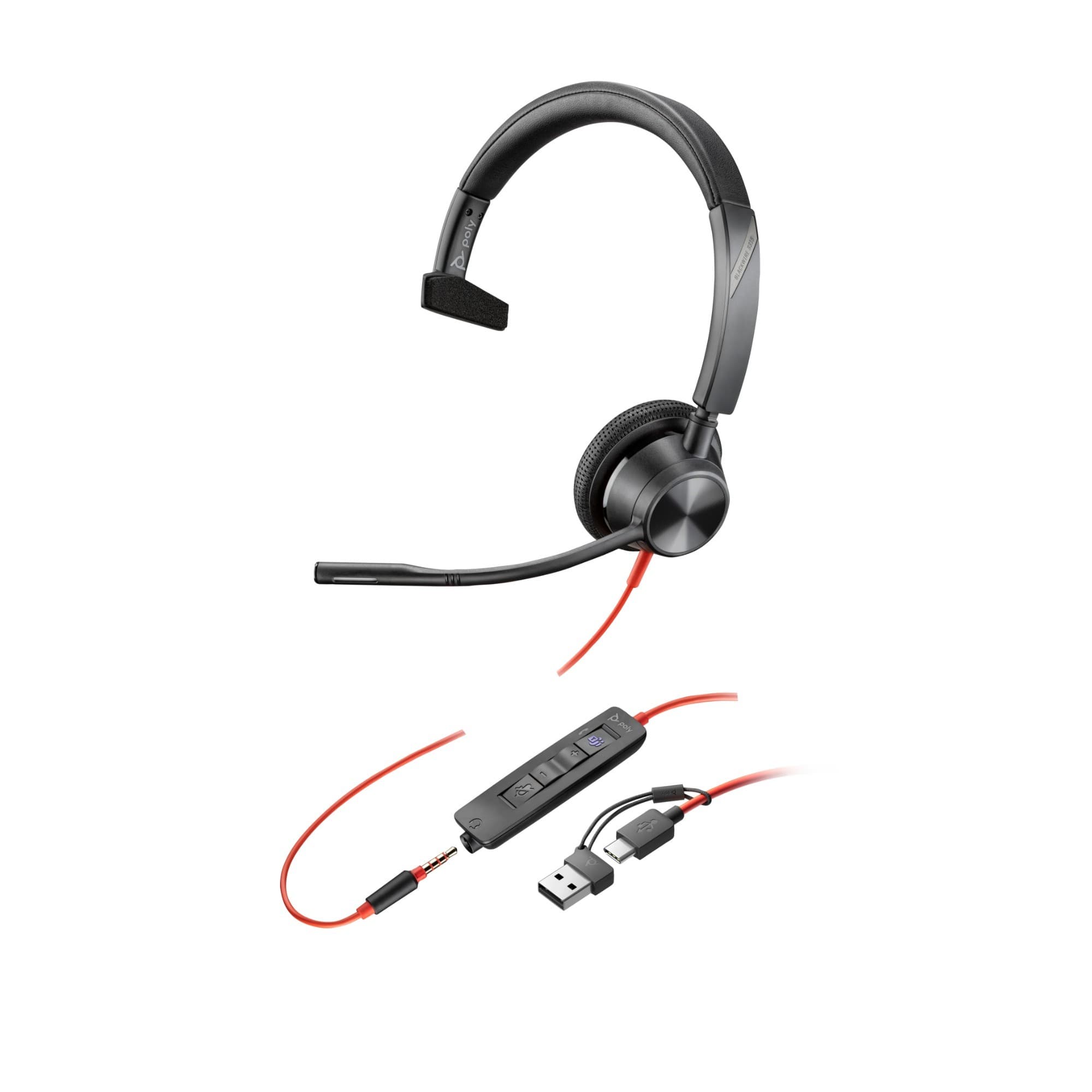 Poly Blackwire 3315 Monaural Microsoft Teams Certified USB-C USB-A 3.5mm Wired Headset