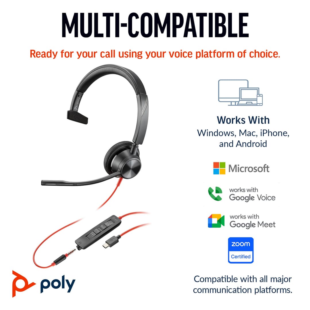 Poly Blackwire 3315 Monaural Microsoft Teams Certified USB-C USB-A 3.5mm Wired Headset - Image 2