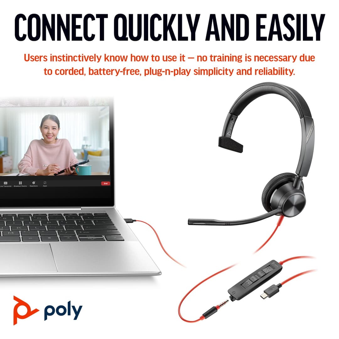 Poly Blackwire 3315 Monaural Microsoft Teams Certified USB-C USB-A 3.5mm Wired Headset - Image 3