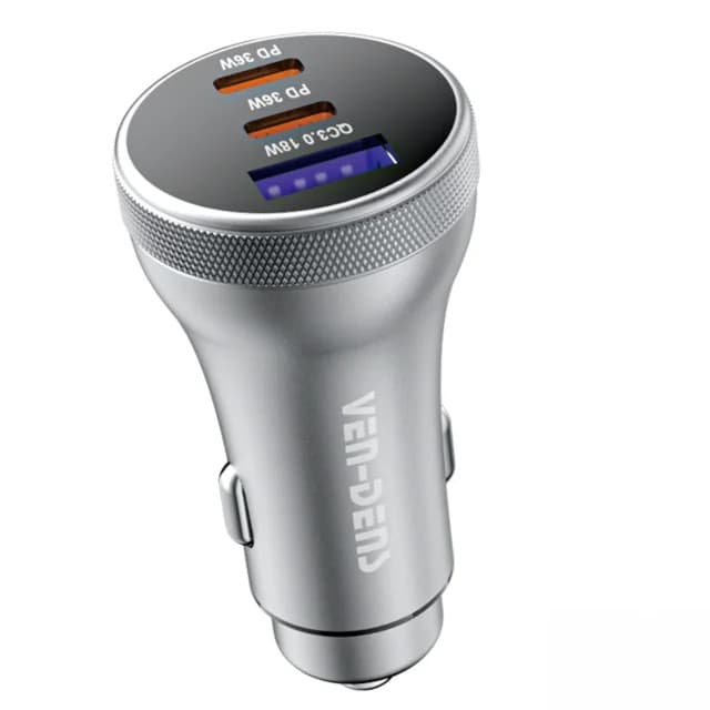 Ven-Dens 3-Port 90W Car Charger, 2x USB-C PD 36W + USB-A QC3.0 18W, VD-CC012 - Grey - Image 1