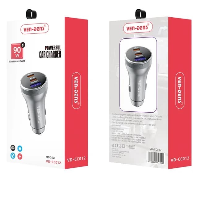 Ven-Dens 3-Port 90W Car Charger, 2x USB-C PD 36W + USB-A QC3.0 18W, VD-CC012 - Grey - Image 2
