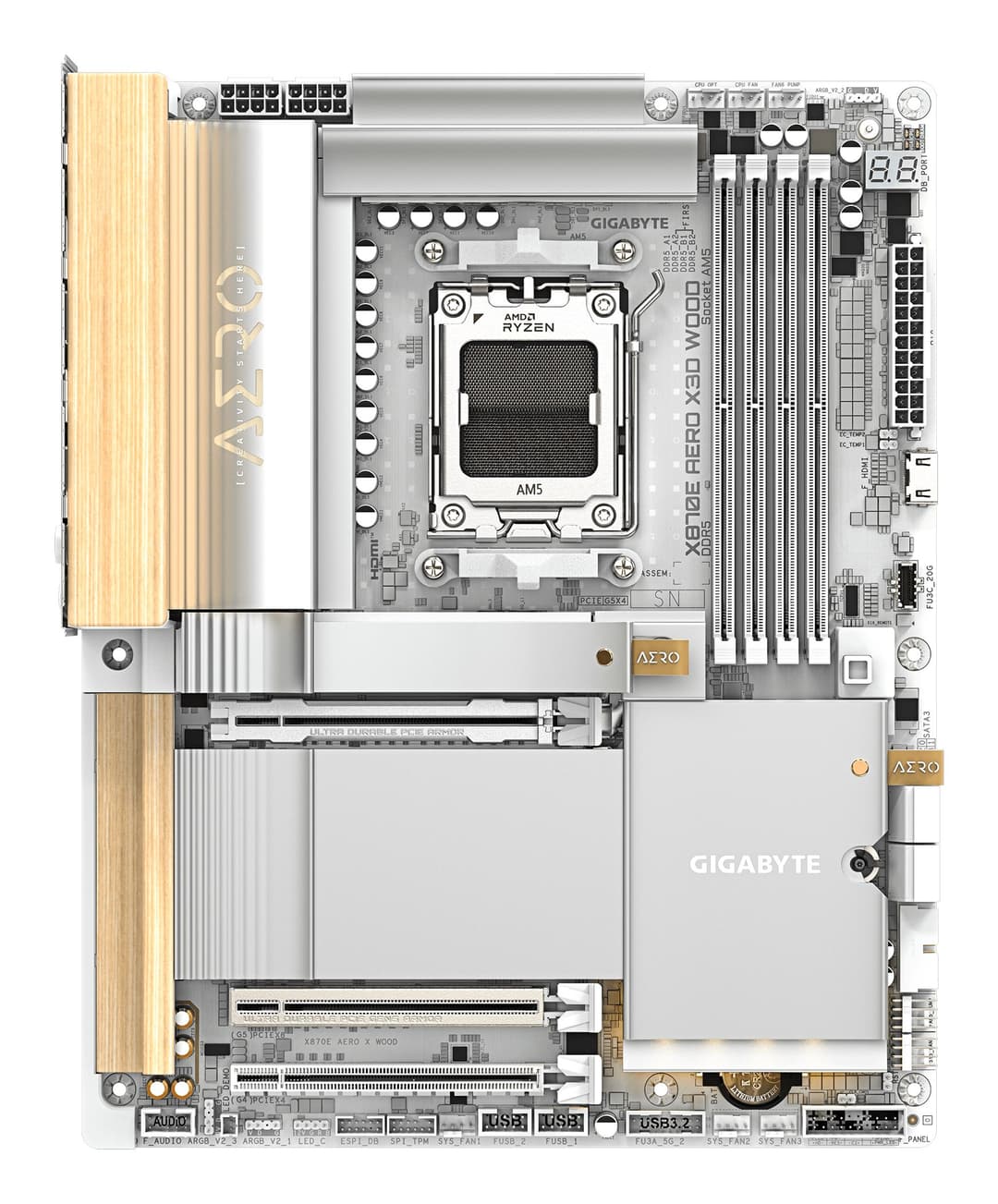 GIGABYTE X870E AERO X3D WOOD Motherboard - Supports AMD Ryzen 9000 CPUs, 16+2+2 Phases Digital VRM, up to 9000Hz DDR5 (OC), 2xPCIe 5.0 + 2xPCIe 4.0, Wi-Fi 7, 5GbE LAN, USB 4 - Image 2