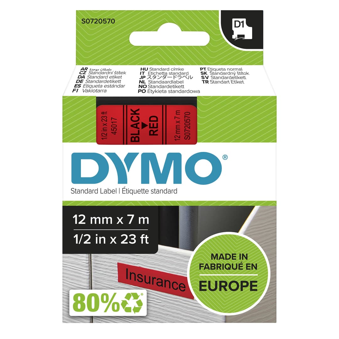 DYMO Authentic D1 Labels | Black Print on Red Tape | 12 mm x 7 m | Self-Adhesive Labels for LabelManager Label Makers | Made in Europe - Image 1