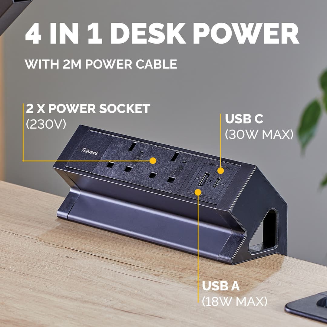 Fellowes Power Desk 2 Socket with 2 Power Sockets 1 USB-A & USB-C Ports Black - Image 4