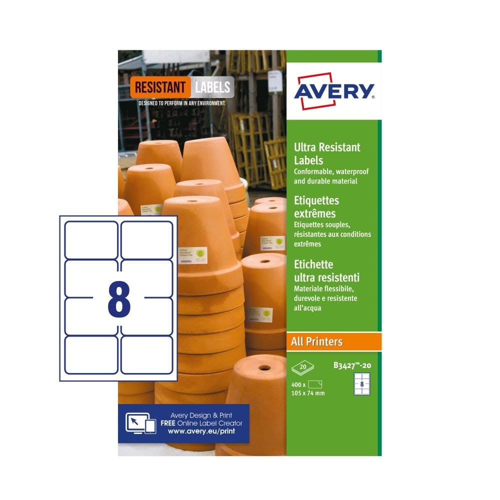 Avery B3427-20 Ultra Resistant Labels 74 x 105mm 20 sheets - 8 Labels per Sheet (160 Labels)