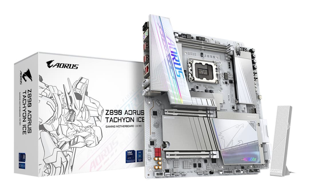 GIGABYTE Z890 AORUS TACHYON ICE Motherboard - Supports Intel Core Ultra (Series 2) CPUs, 18+1+2 phases VRM, up to 9500MHz DDR5 (O.C), 1xPCIe 5.0 + 3xPCIe 4.0, Wi-Fi 7, 5GbE LAN, USB 3.2 Gen 2x2 - Image 1