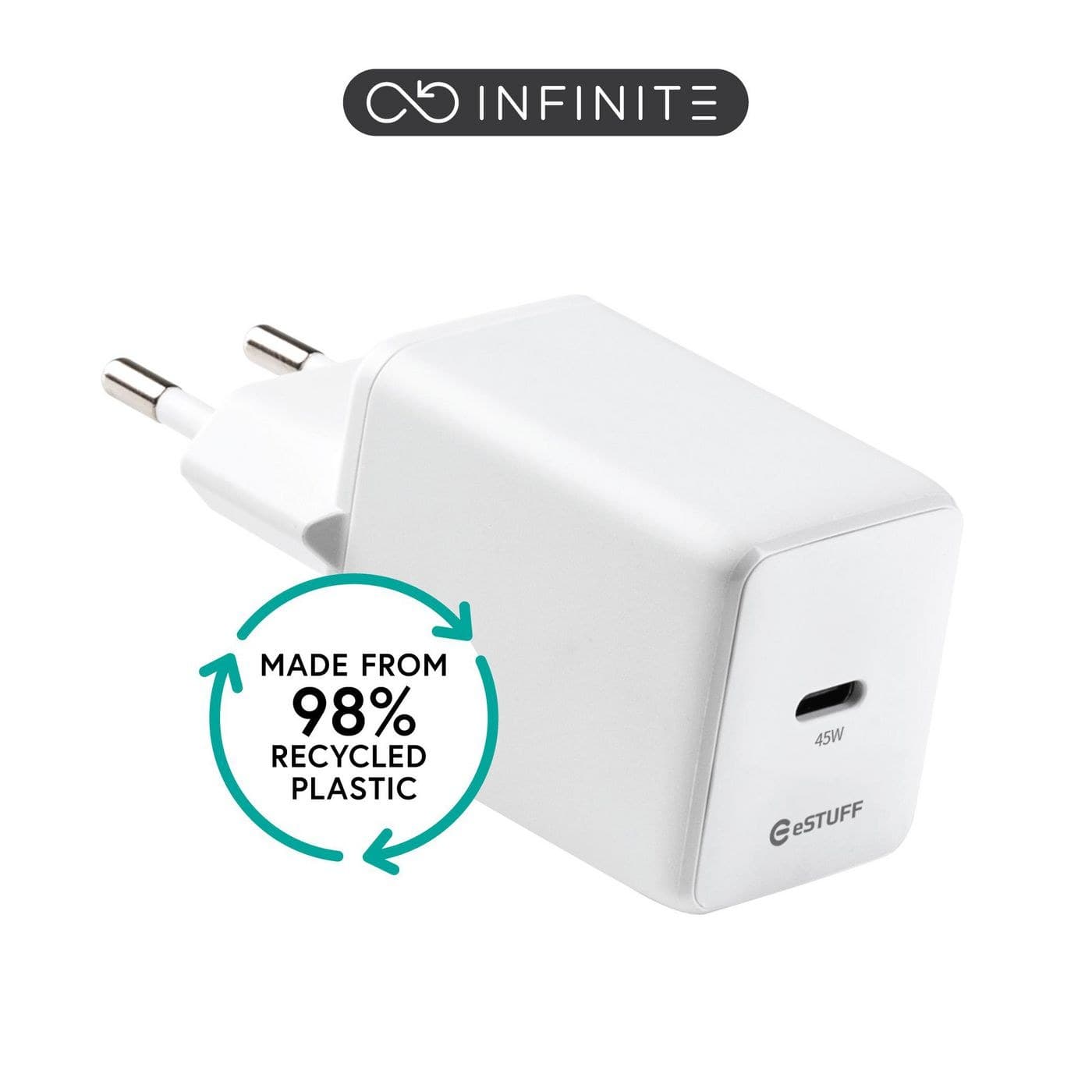 eSTUFF INFINITE (GRS) USB-C GaN Charger 45W PD, EU Plug - White, Bulk Pack