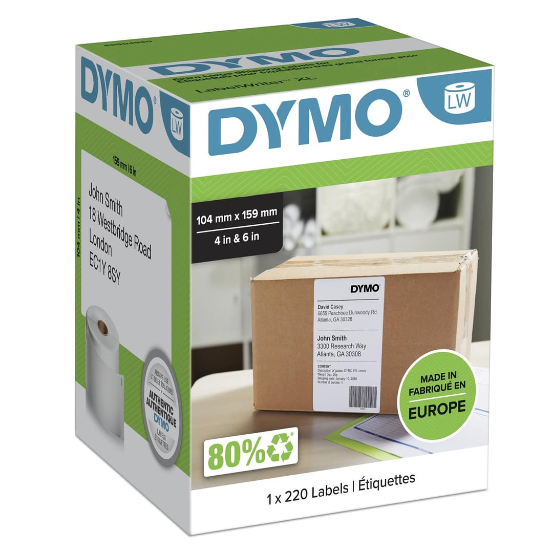 DYMO Authentic LabelWriter Extra Large Shipping Labels | 104 mm x 159 mm | Self Adhesive | Roll of 220 Easy-Peel Labels | for LabelWriter 4XL/5XL Label Makers - Image 1