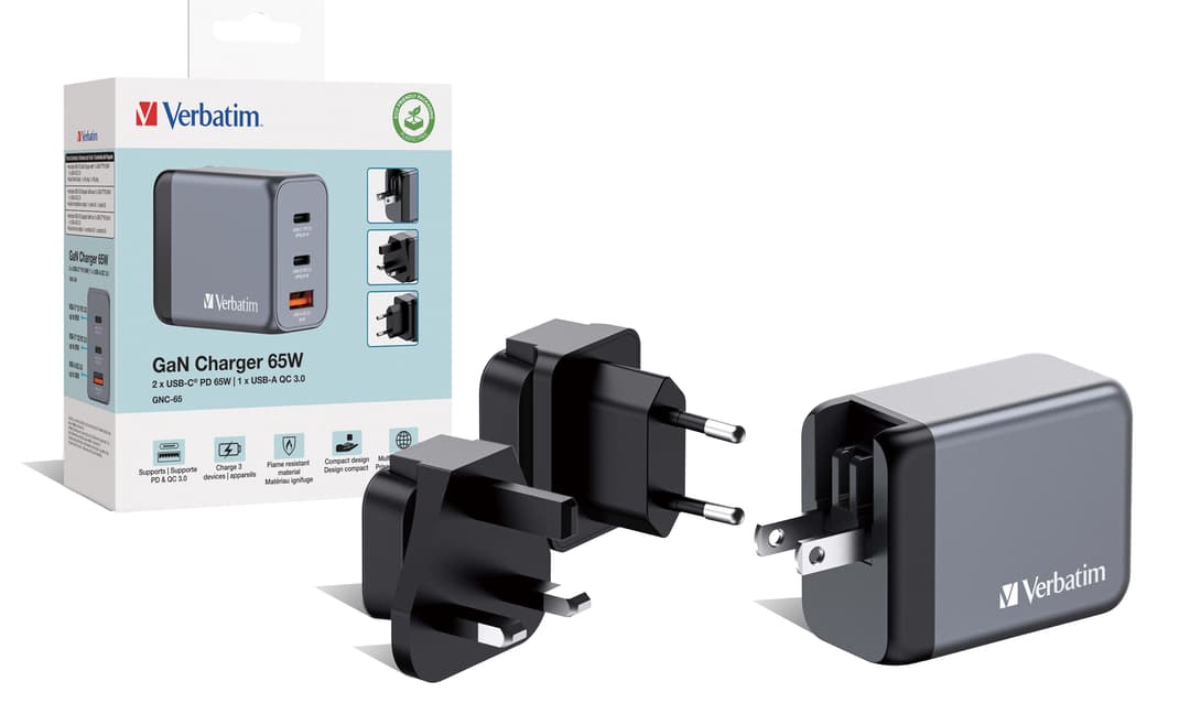 Verbatim GNC-65 GaN Charger 65W with 2 x USB-C PD 65W / 1 x USB-A QC 3.0 (EU/UK/US) - Image 4