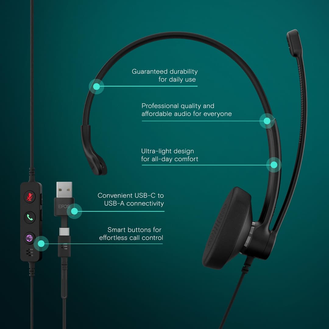EPOS IMPACT 100 MS Mono USB-C+A Headset with Microphone, Microsoft Teams Certified, Noise-Cancelling, Lightweight, Soft Silicone Side Support, USB Adapter, Call Control, UC Professional Use - Image 4