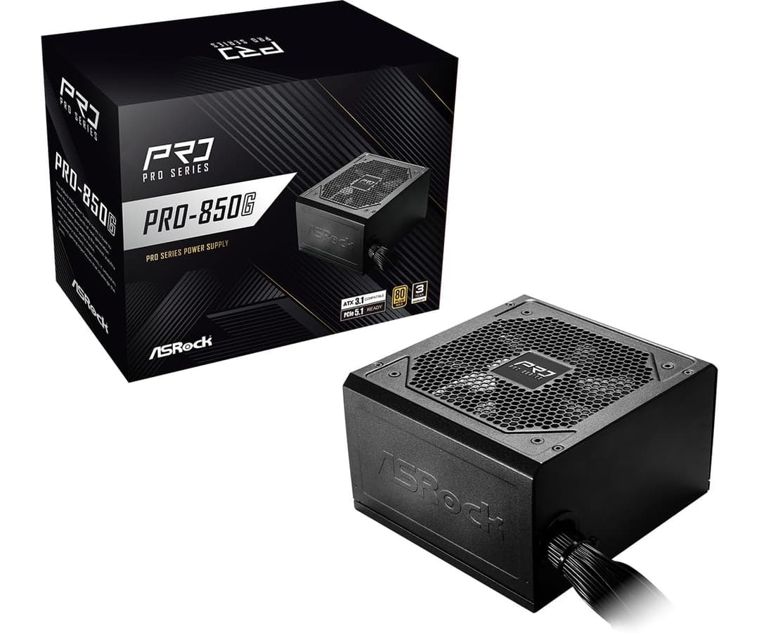 ASRock PRO-850G Power Supply, ATX 3.1, PCIe 5.1, 12V-2x6 Connection, 850W, 80 Plus Gold, 120 mm Fan, 140 x 150 x 86 mm - Image 1