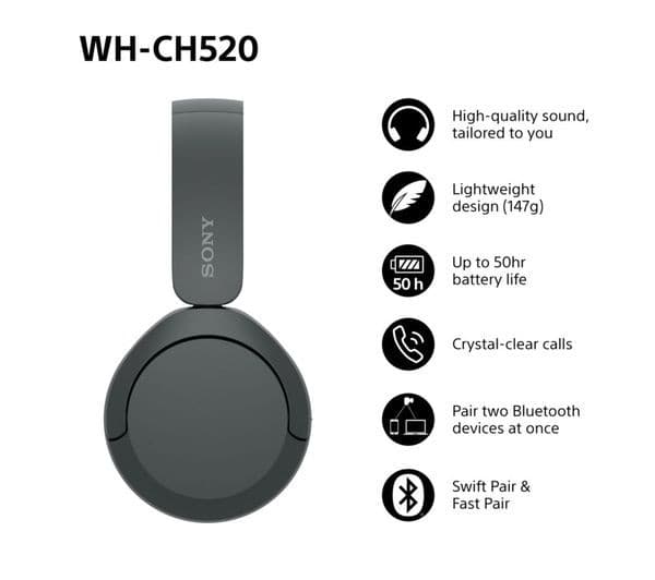 Sony WH-CH520 Wireless Headphones Black - Image 6