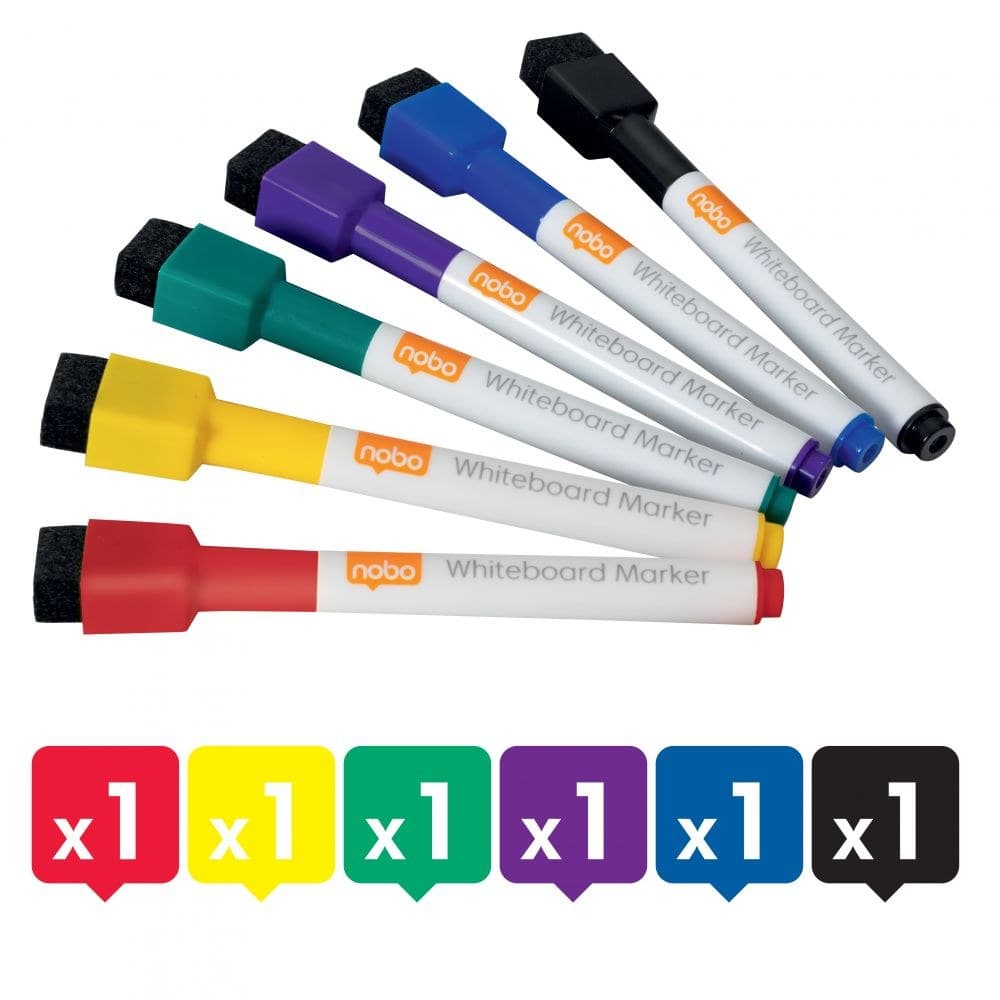 Nobo 1903792 Assorted Colour Mini Whiteboard Pen with Magnetic Eraser Cap Pack of 6 - Image 1