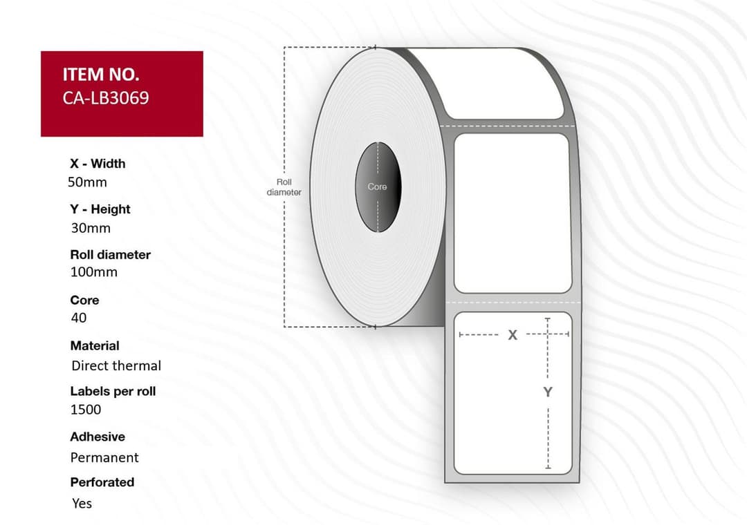 Capture CA-LB3069 Direct Thermal Labels 50 x 30mm, 40mm Core, Permanent, 1500 Labels per Roll, 12 Rolls per Box - Image 1