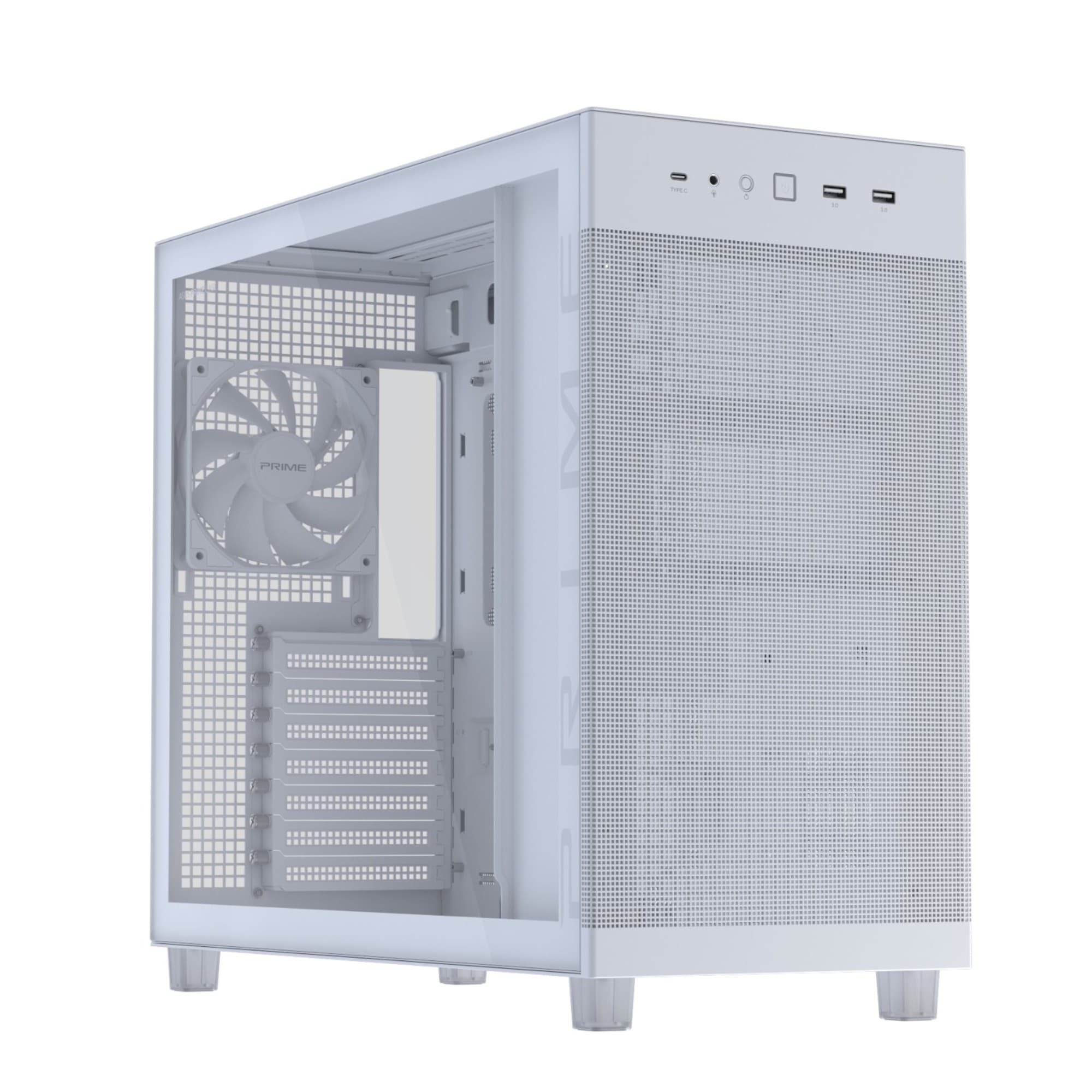 ASUS Prime AP303 Tempered Glass Panel 44L ATX Mid-Tower PC Case, USB-C 20Gbps - White