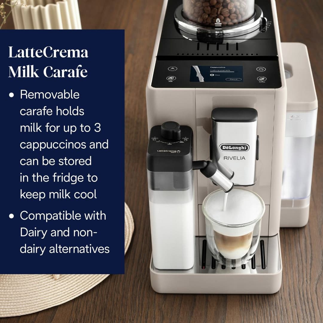 De'Longhi Rivelia Fully Automatic Bean to Cup Coffee Machine with Integrated Milk Container and Removable Bean Container, Colour Touchscreen - Beige (EXAM440.55.BG) - Image 6