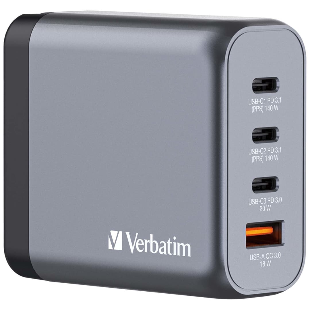 Verbatim GNC-140 GaN Charger 140W with 2 x USB-C PD 140W / 1 x USB-C PD 20W / 1 x USB-A QC 3.0 (EU/UK/US) - Image 1