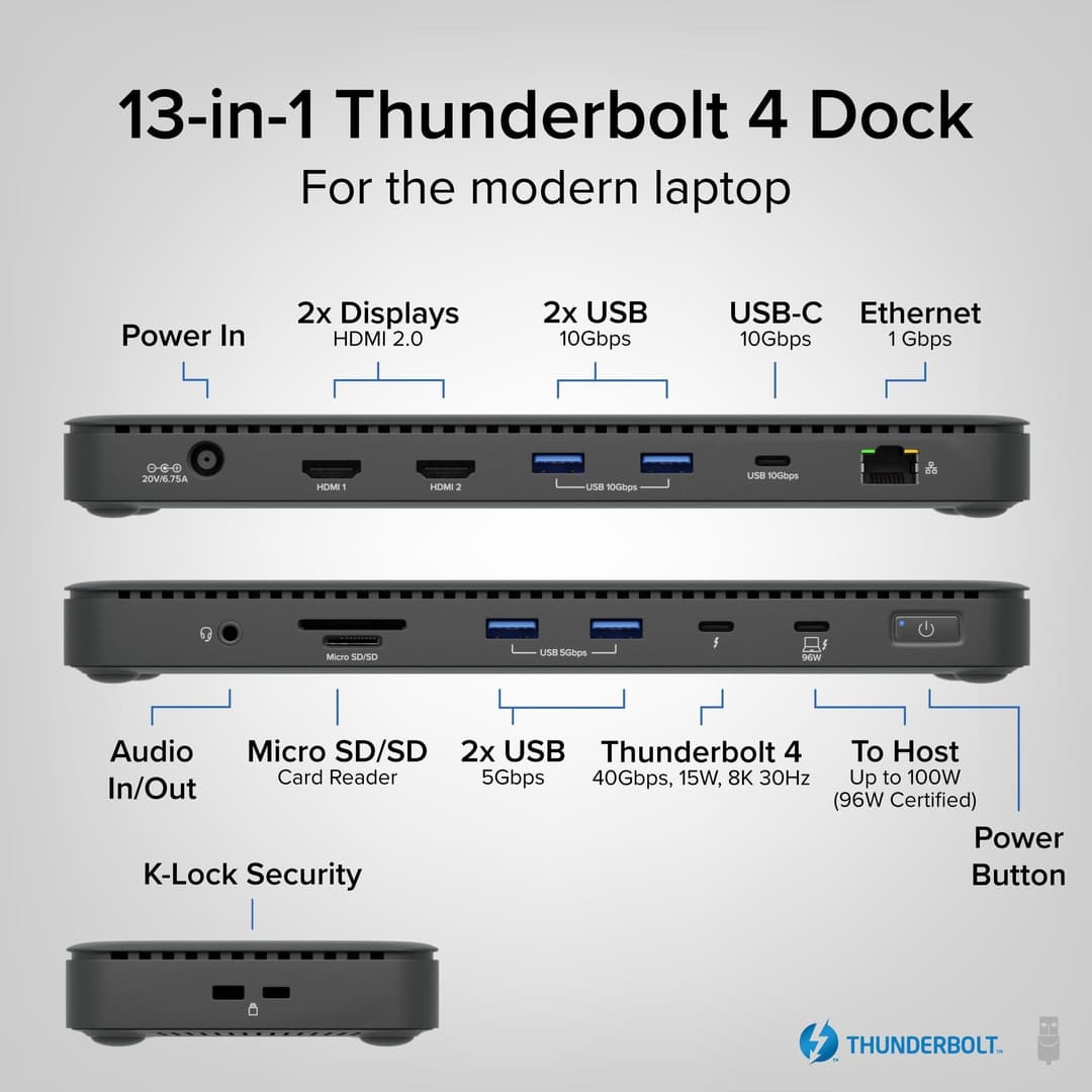 Plugable Technologies Thunderbolt 4 Dock with 100W Charging, Thunderbolt Certified, Laptop Docking Station Dual Monitor Single 8K or Dual 4K HDMI for Windows and Mac, 4X USB, Gigabit Ethernet (TBT4-UD5) - Image 2