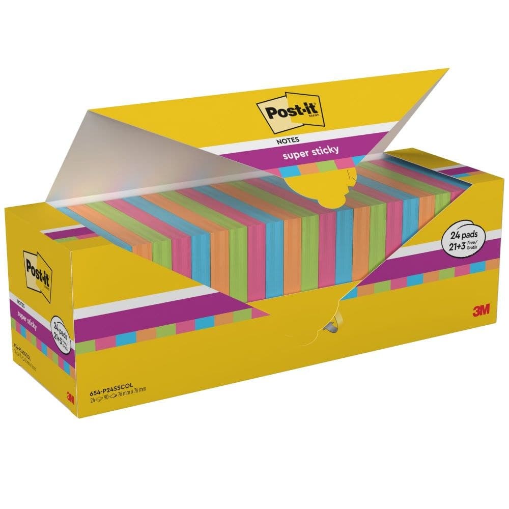 Post-it Super Sticky Notes 76x76mm 90 Sheets Assorted Colours Value Pack 21 + 3 Free Pads (Pack of 24)