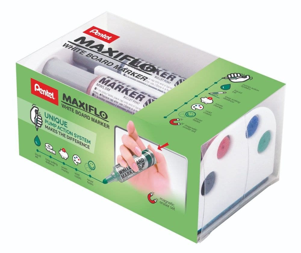 Pentel Maxiflo 4 Pack Assorted Colour Whiteboard Set Bullet Tip 3mm Line