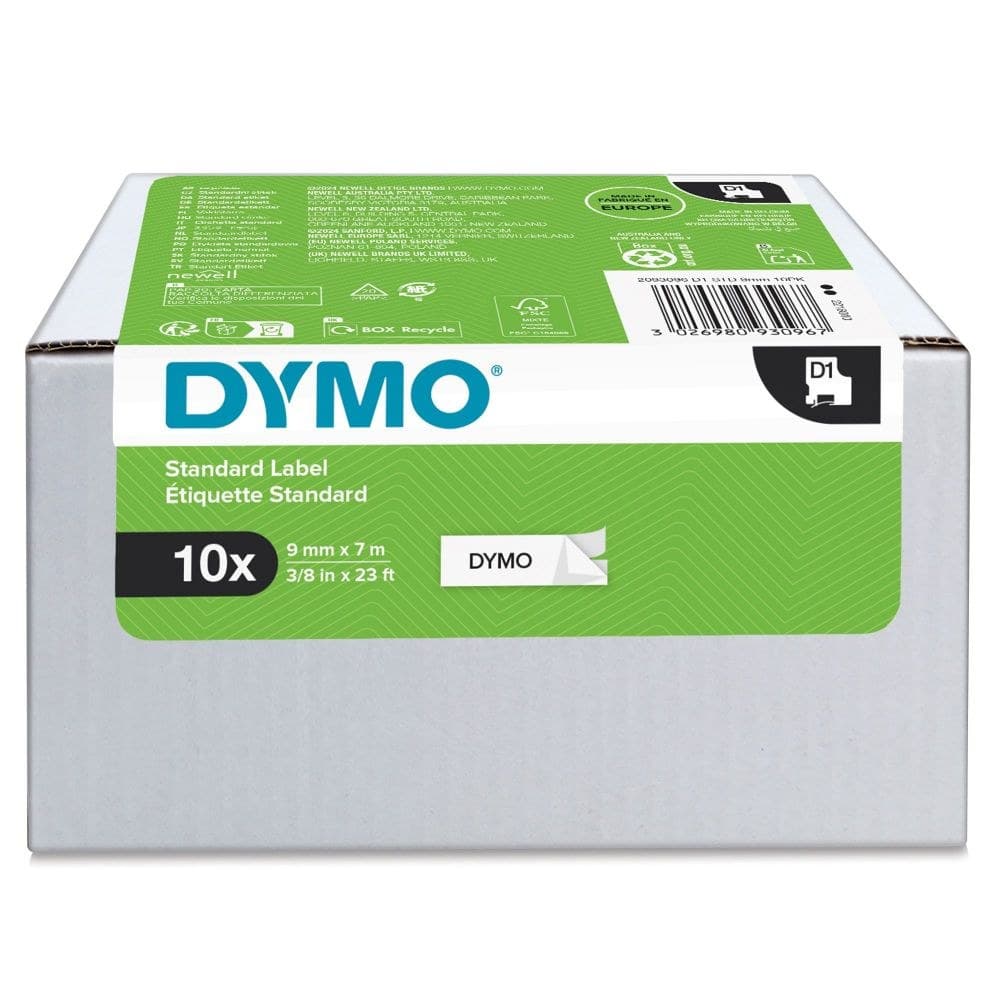 Dymo 40913 D1 9mm x 7m Black on White Tape 10 Pack - Image 1