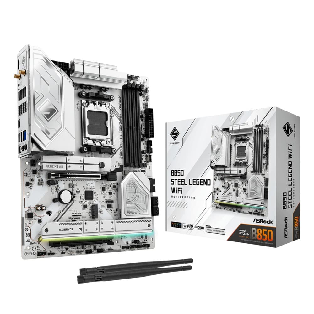 ASRock B850 Steel Legend WiFi DDR5 ATX AMD Socket AM5 Motherboard - White - Image 1