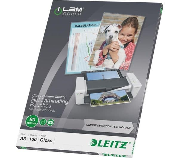 LEITZ iLAM 74850000 80 Micron A3 Laminating Pouches - Pack of 100