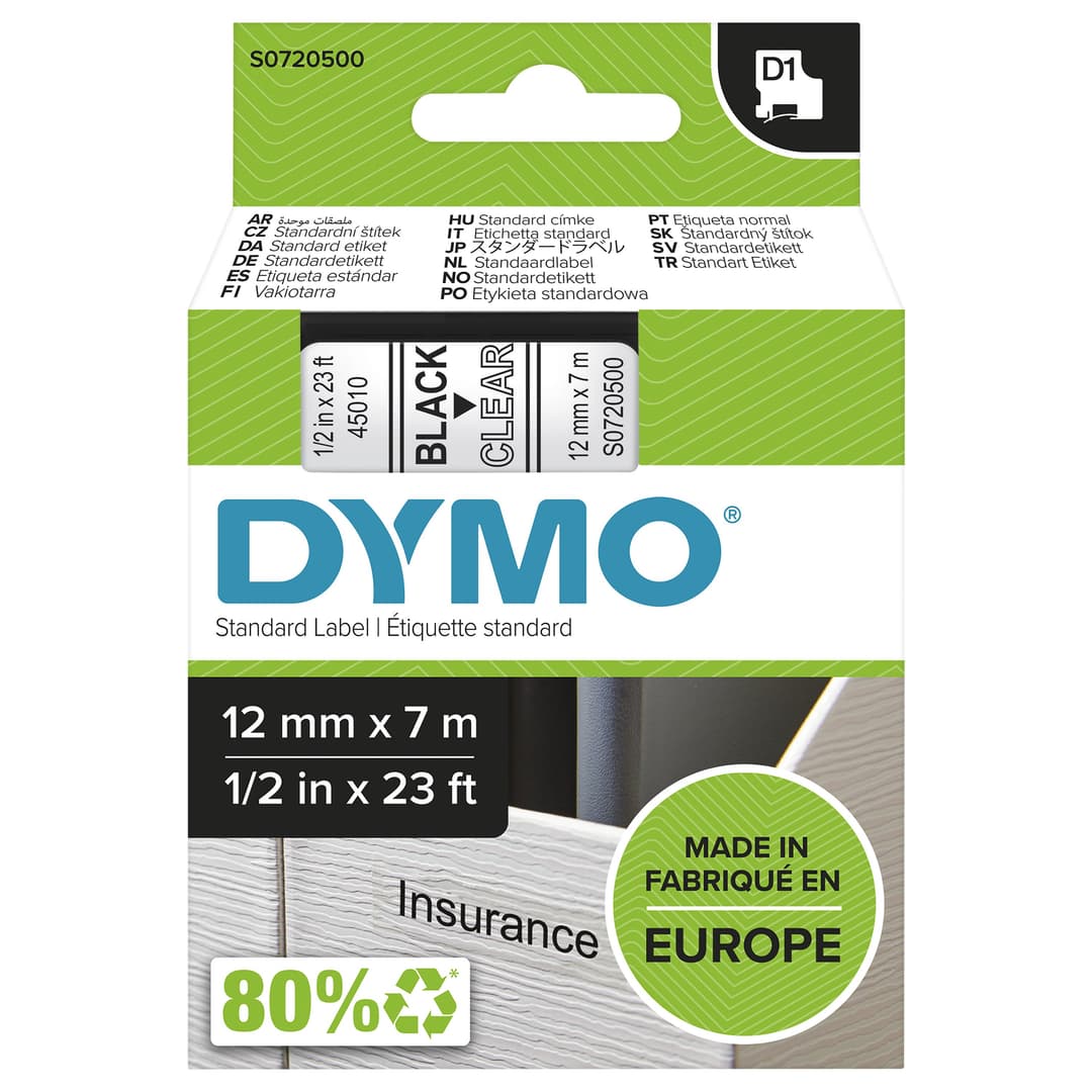 DYMO Authentic D1 Labels | Black Print on Clear Tape | 12 mm x 7 m | Self-Adhesive Labels for LabelManager Label Makers | Made in Europe - Image 1