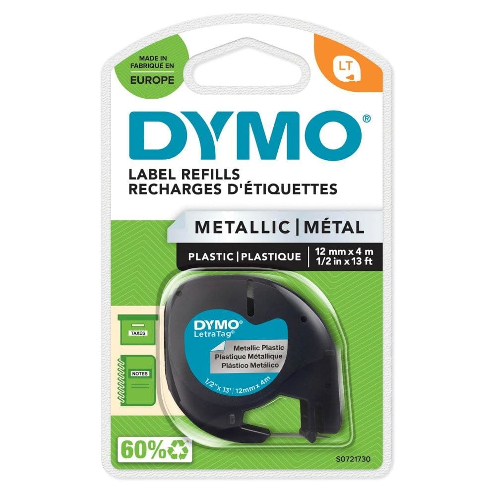 Dymo 91208 12mm x 4m Black On Metallic Silver Tape - Image 1