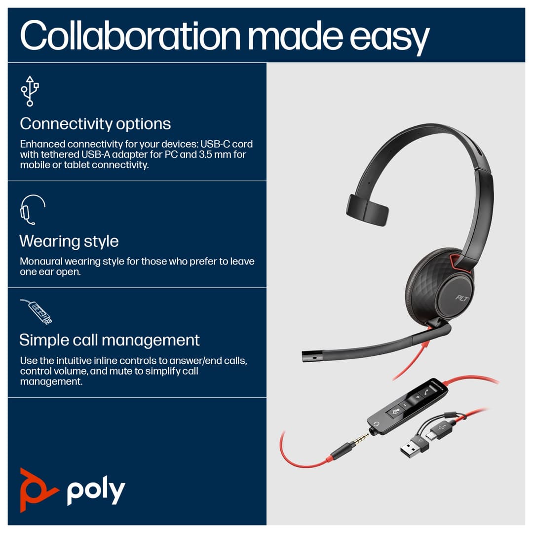 Poly Blackwire 5210 Monaural USB-C USB-A 3.5mm Wired Headset - Image 8