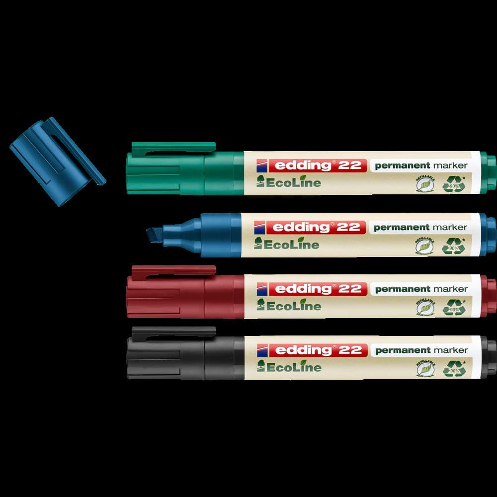 edding 22-4 S EcoLine permanent marker, chisel tip 1-5 mm, assorted colours, Pack of 4 - Image 1