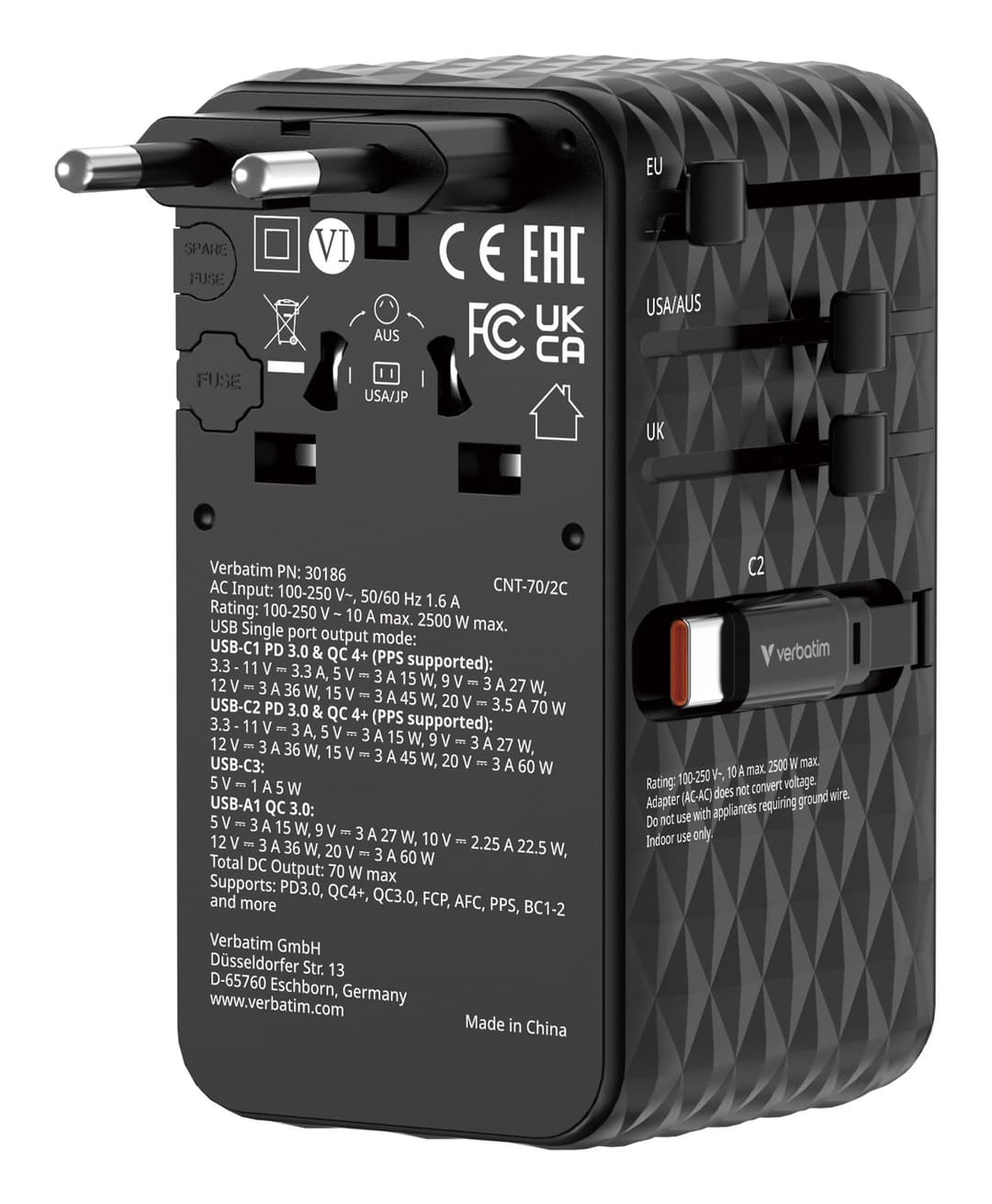 Verbatim Charge 'n' Travel 70W 2C retractable Universal Travel Adapter Black - Image 1