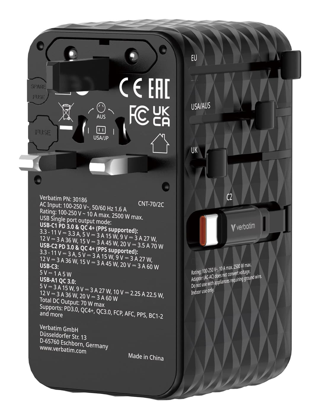 Verbatim Charge 'n' Travel 70W 2C retractable Universal Travel Adapter Black - Image 4