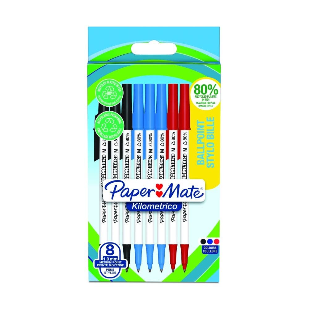 Paper Mate 2187680 Kilometrico Recycled Assorted Ball Pen pack of 8 pens - Image 1