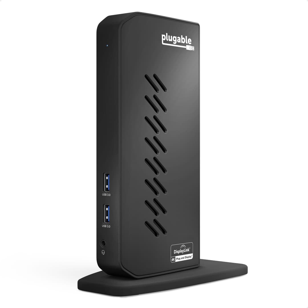 Plugable Technologies USB 3.0 and USB-C Dual 4K Display Docking Station with DisplayPort and HDMI for Windows and Mac (Dual 4K DisplayPort & HDMI, Gigabit Ethernet, Audio, 6 USB Ports) Vertical - Image 1