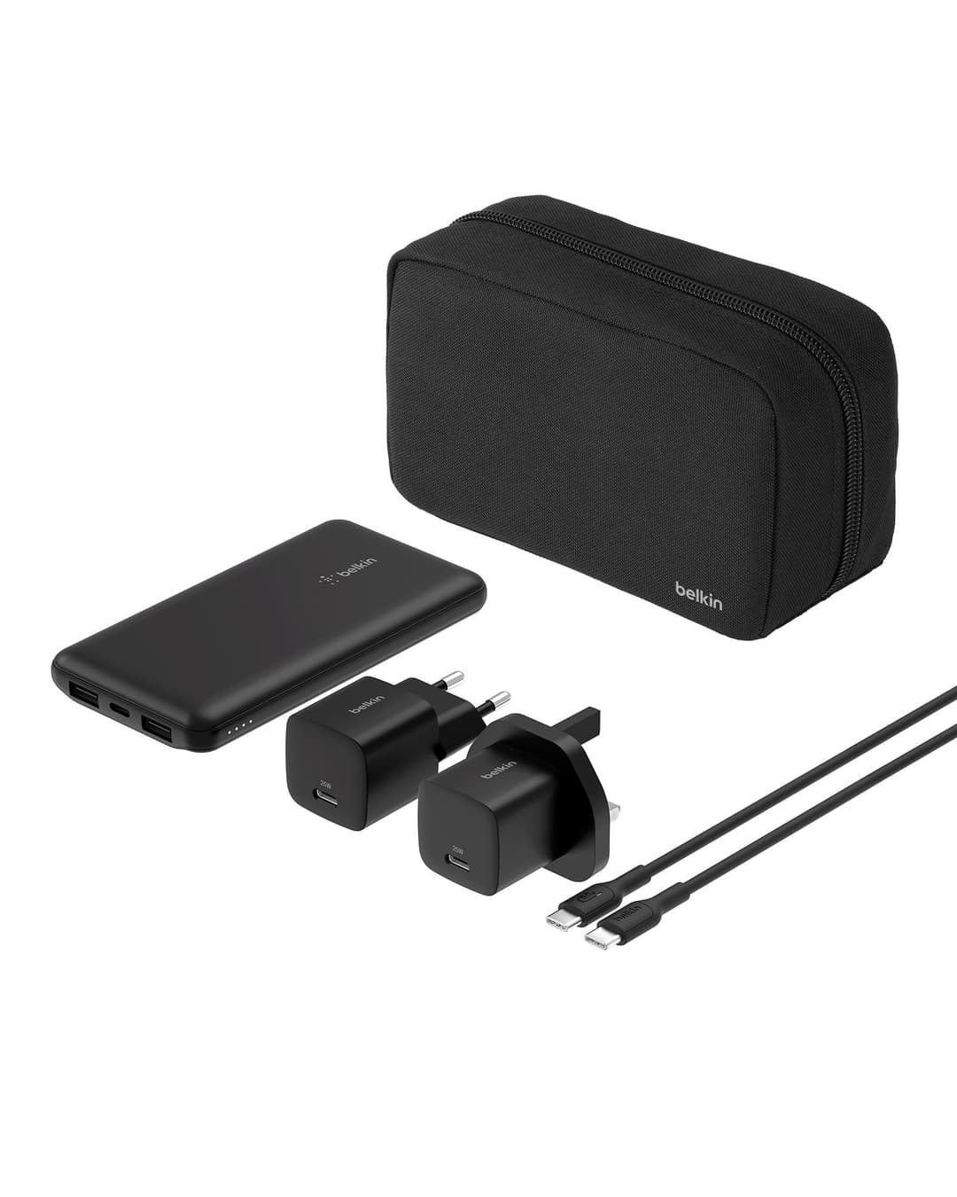 Belkin 5-in-1 Travel Power Bundle: 10000mAh Power Bank, 2x 25W USB-C Chargers (UK & EU Plug), 60W USB-C Cable and Pouch - Image 1