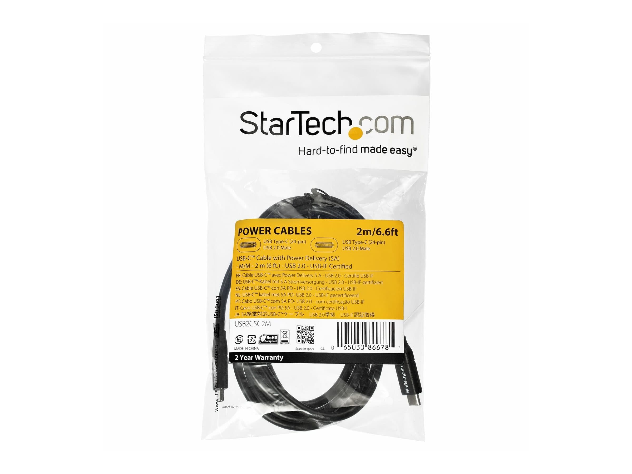 StarTech.com 2m 6ft USB C to USB C Cable - 5A PD - USB 2.0 USB-IF Certified - USB-C cable - USB-C to USB-C - 2 m