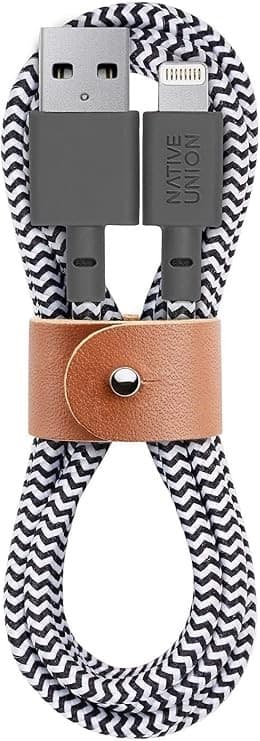 Native Union Belt Cable Lightning to USB-A 1.2m Braided Charge & Sync Cable with Leather Strap, Zebra - Image 1