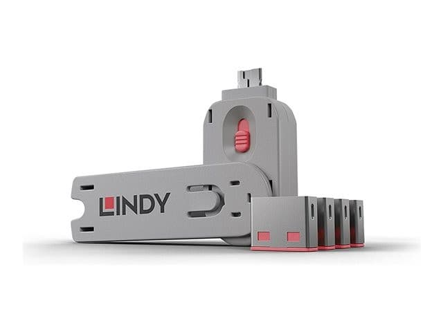 Lindy 40450 USB-A Port Blocker Kit, Pink (4x Locks + 1x Key) - Image 1