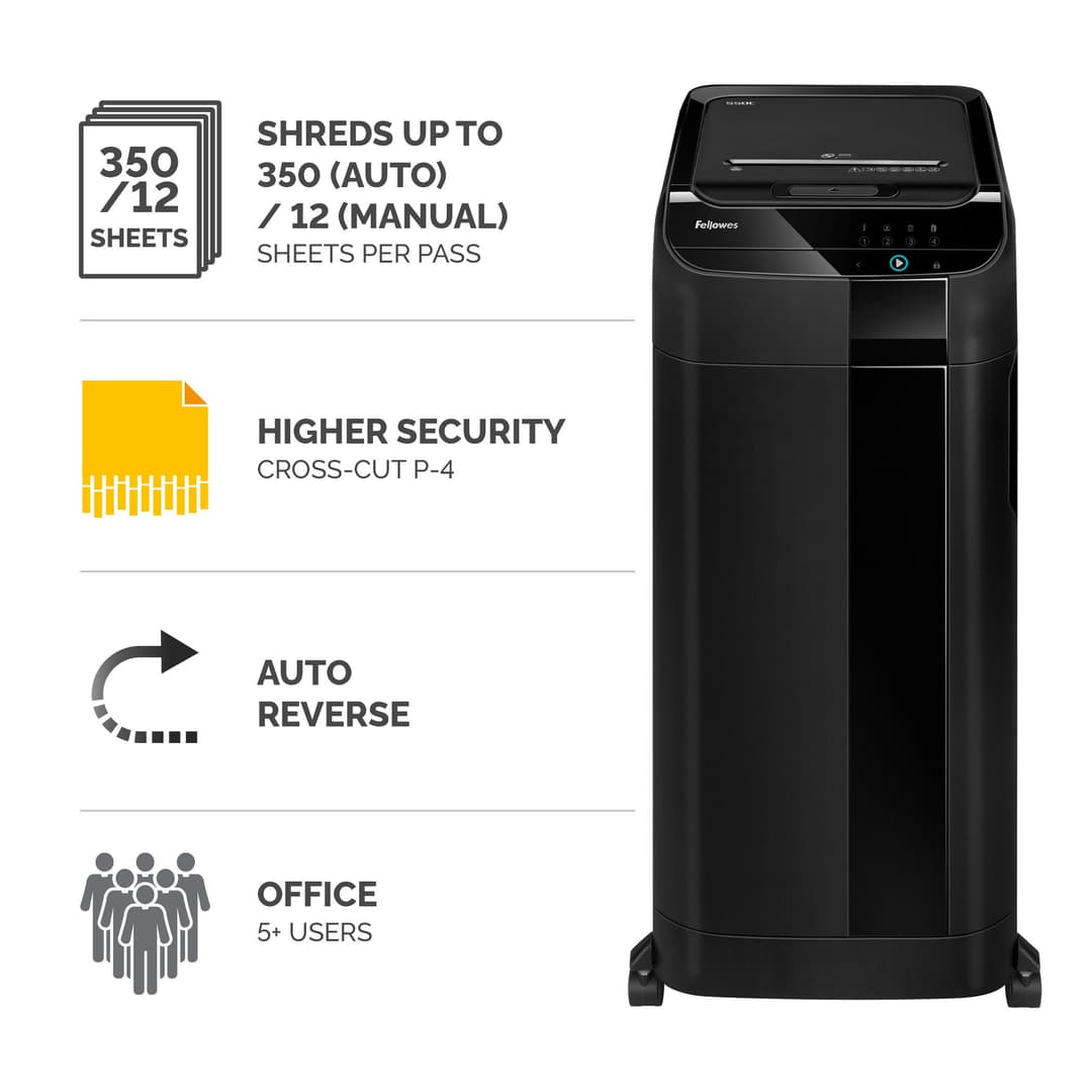 Fellowes Paper Shredder 350 Sheet Auto Feed Cross Cut Shredder AutoMax 350C Shredder with 68 Litre Bin High Security P4 - Image 2