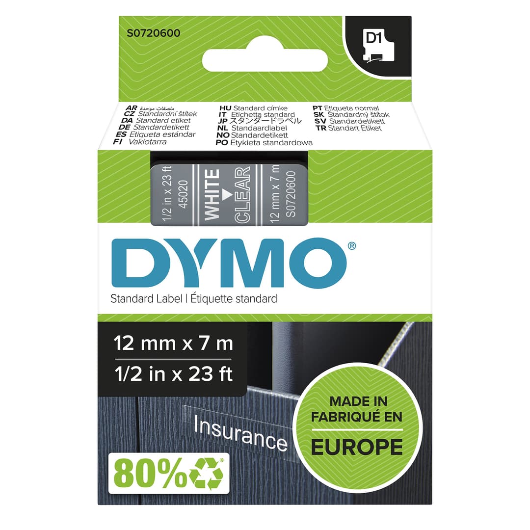 DYMO Authentic D1 Labels | White Print on Clear Tape | 12 mm x 7 m | Self-Adhesive Labels for LabelManager Label Makers | Made in Europe - Image 1