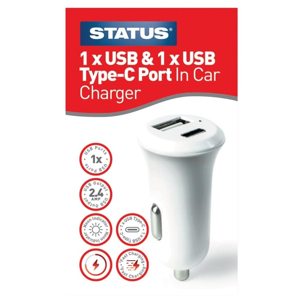 STATUS Car Charger, 12V | Car Charger Adapter White| 2 x USB A & C Ports | S2USBACCC1PK6 - Image 1